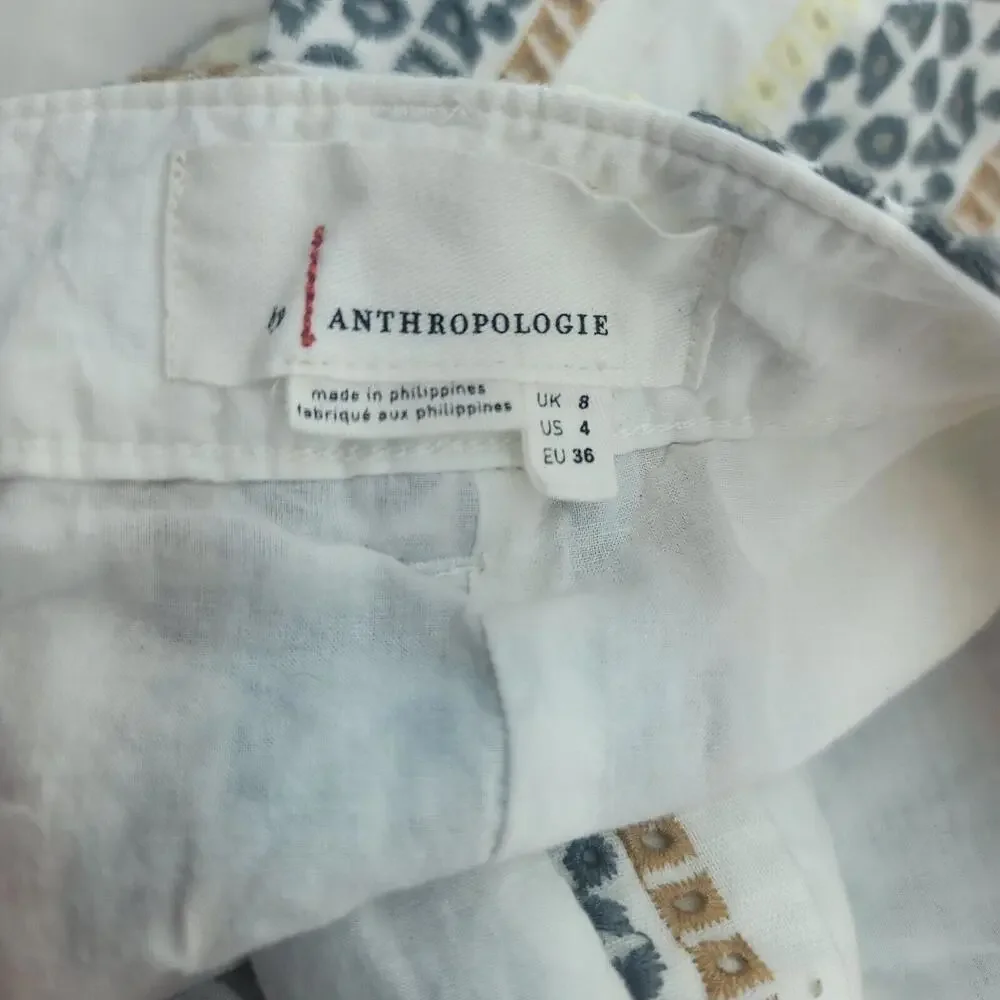 Anthropologie Cream Blue Striped Pockets Buttons Size 4 Pencil Skirt